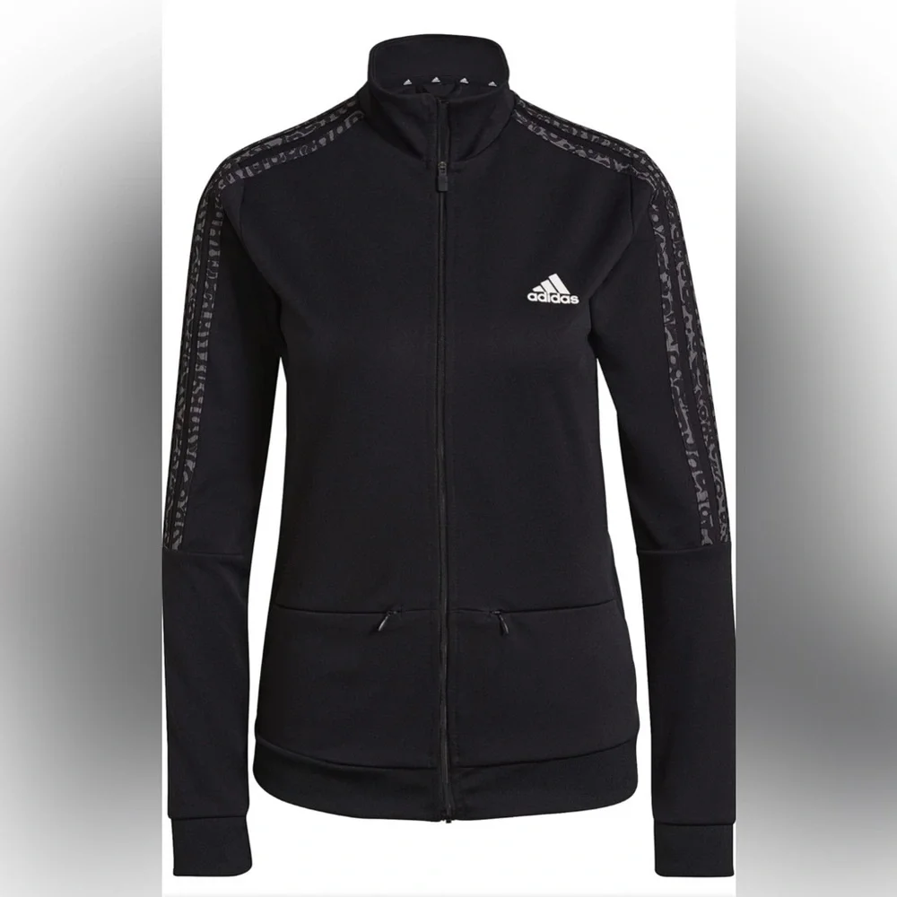 Adidas Women’s Sereno Track Jacket Size Small Black Camo Sleeve Striped Full Zip - Picture 2 of 13